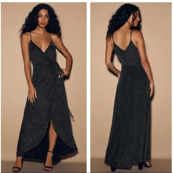 Lulu’s Celestial Black and Silver Wrap Maxi Dress in Black - Size XS - Picture 2 of 9